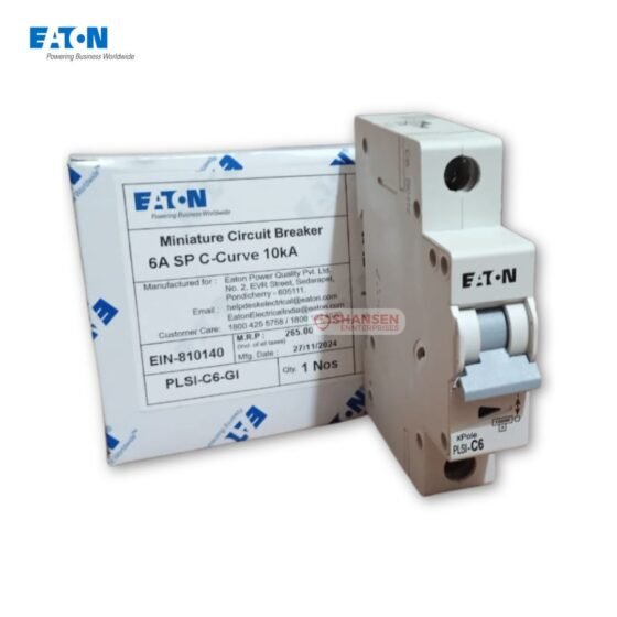 Eaton PLSI-C6-GI 6A C-Curve MCB with product box showing specifications and Shansen Enterprises branding
