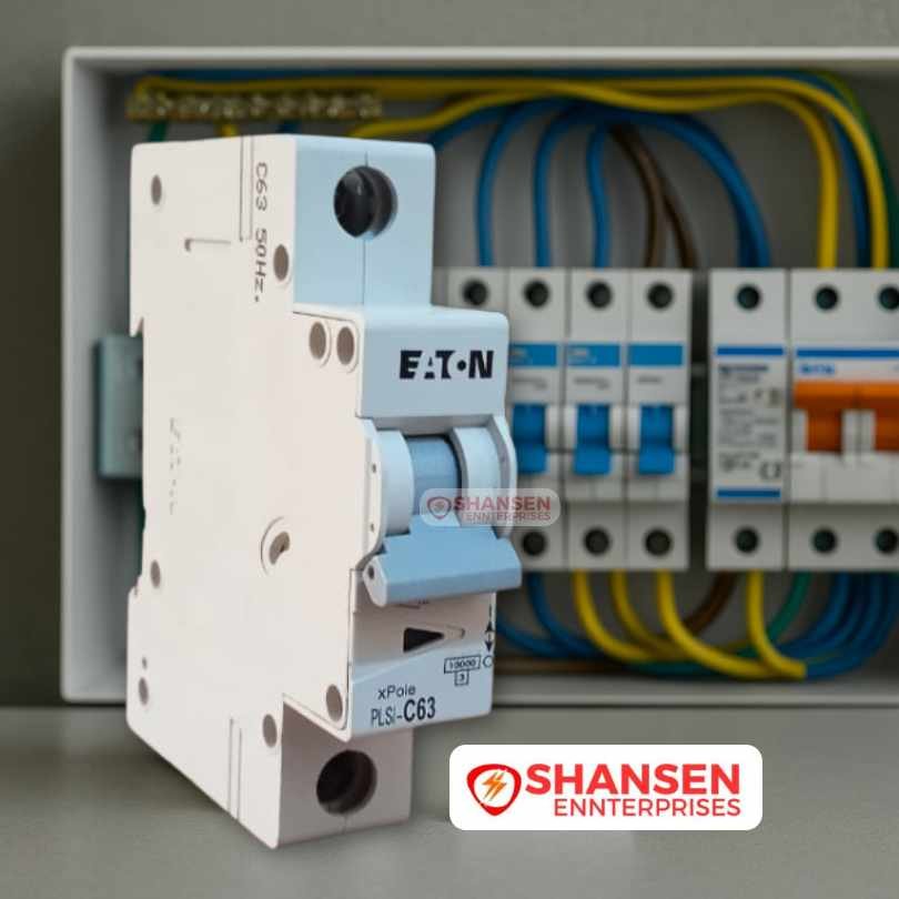 Eaton PLSI-C63-GI 63A Single Pole MCB displayed in front of electrical distribution board – Shansen Enterprises