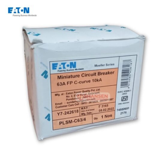 Eaton PLSM-C63/4 63A 4-Pole MCB product box with label details by Shansen Enterprises