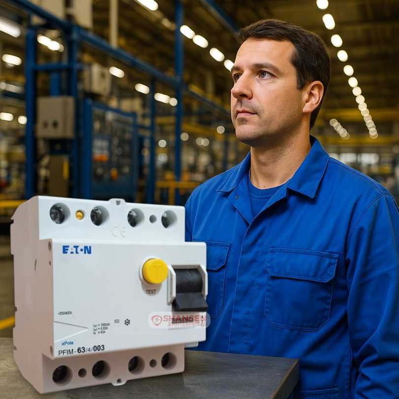 Electrical engineer in blue uniform inspecting factory panel with Eaton RCCB on steel bench – Shansen Enterprises