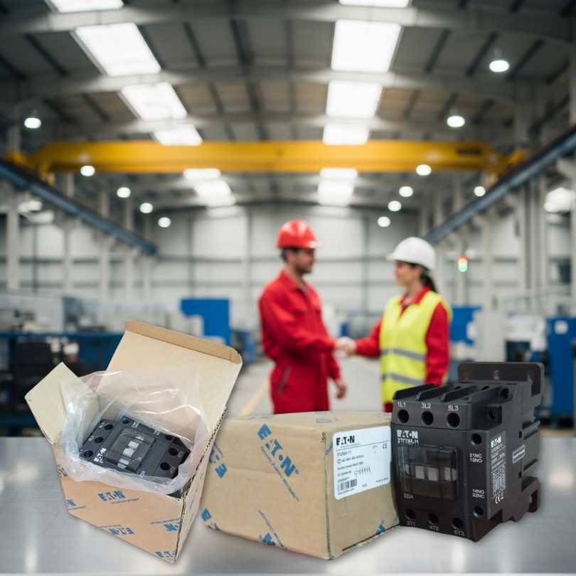 Eaton XTCD40-11 3-Pole Contactor in packaging on a table with two engineers shaking hands in a factory background