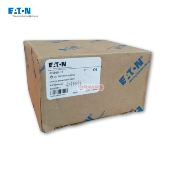 Close-up of the Eaton XTCD65-11 3-Pole Power Contactor box label showing specifications