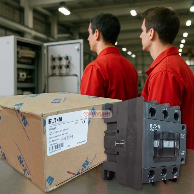 Eaton XTCD80‑11 power contactor with box in factory, two engineers inspecting electrical panel – Shansen Enterprises