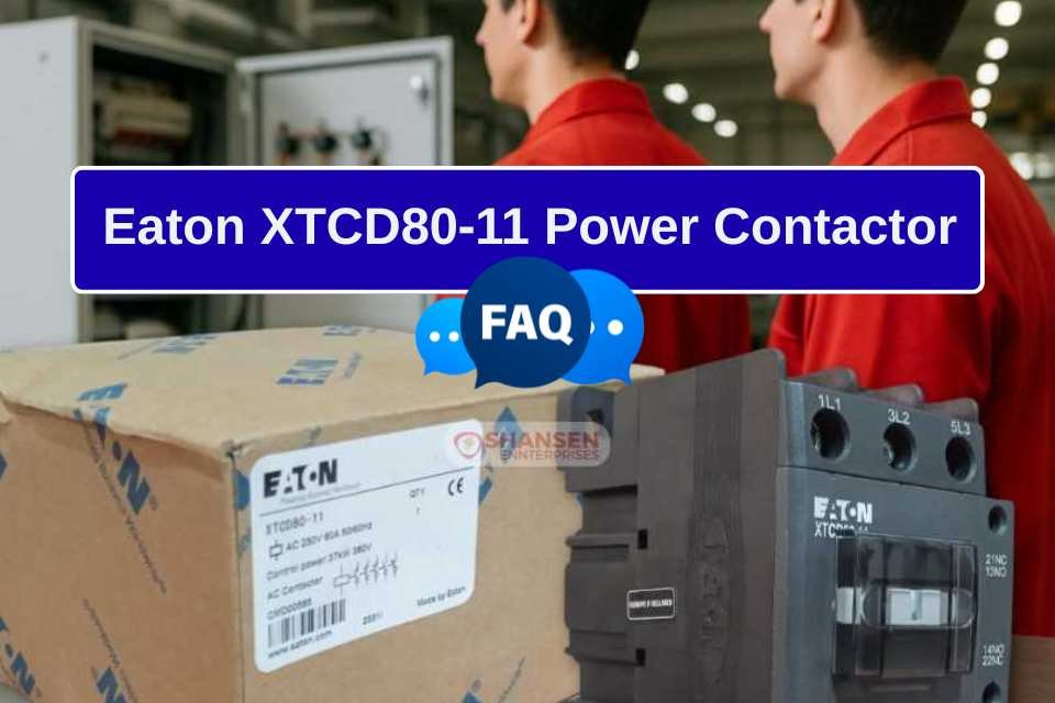Eaton XTCD80‑11 power contactor FAQ image with engineers and contactor unit on bench – Shansen Enterprises