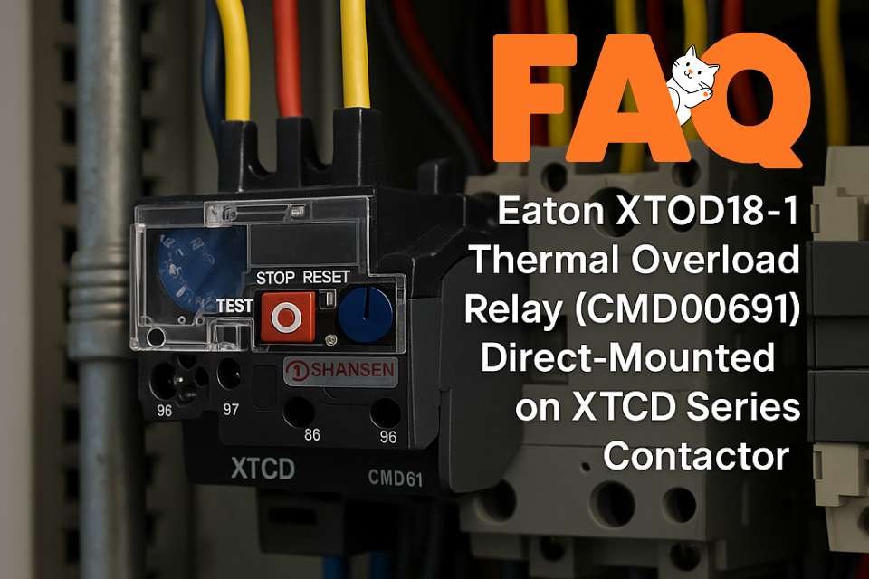 FAQ image showing Eaton XTOD18‑1 thermal overload relay CMD00691 mounted on XTCD series contactor, provided by Shansen Enterprises