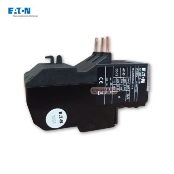 Side view of Eaton XTOD18-18 thermal overload relay showing technical specifications label