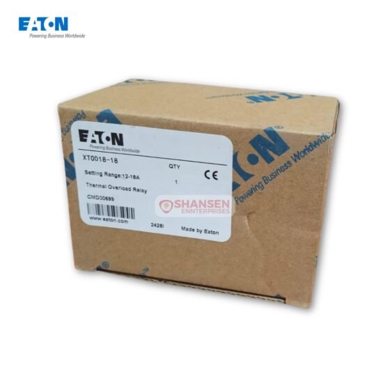Labeled box of Eaton XTOD18‑18 thermal overload relay showing model, range, and article number