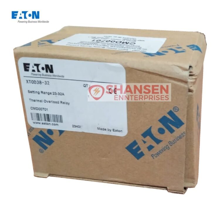 Original packaging of Eaton XTOD38-32 Thermal Overload Relay CMD00701 showing setting range and model details