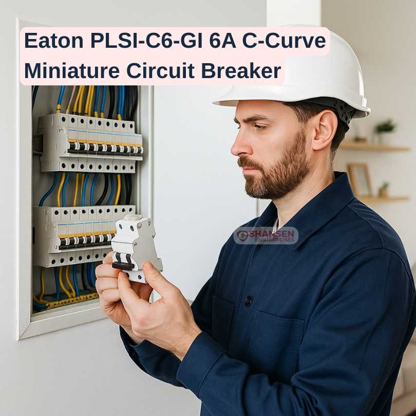 Electrician holding Eaton PLSI-C6-GI 6A C-Curve Miniature Circuit Breaker in front of a distribution board – Shansen Enterprises