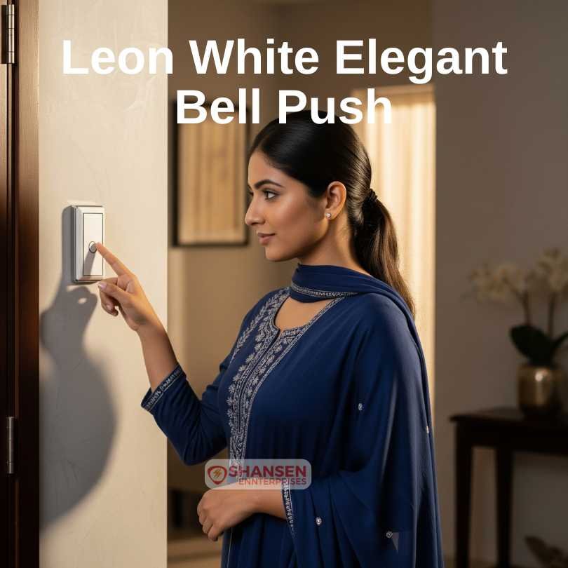 Indian woman pressing a sleek white doorbell in a modern home entryway
