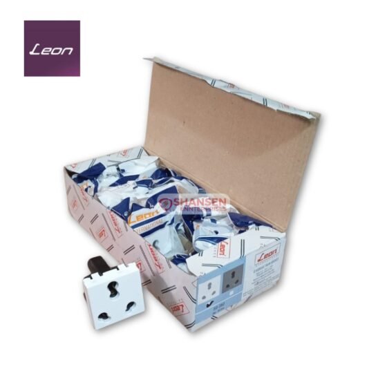 Open box of Leon SO-252 Twin Sockets 2 Module with 25A and 10A capacity showing individually packed units