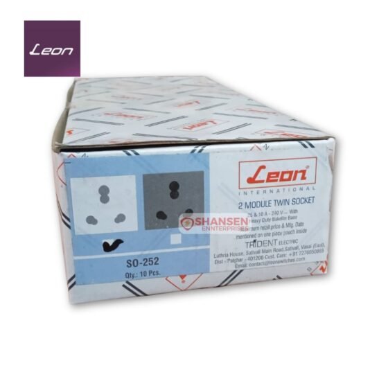 Leon SO-252 Twin Socket 2 Module Box Packaging with 25A 10A 240V rating and bakelite base
