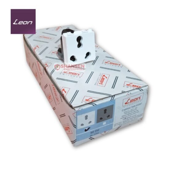 Leon SO-252 2 Module Twin Socket placed on sealed product box with 25A and 10A ratings
