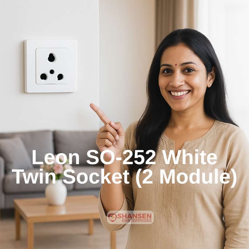 Indian woman pointing at Leon SO-252 white twin socket installed in modern living room with text overlay