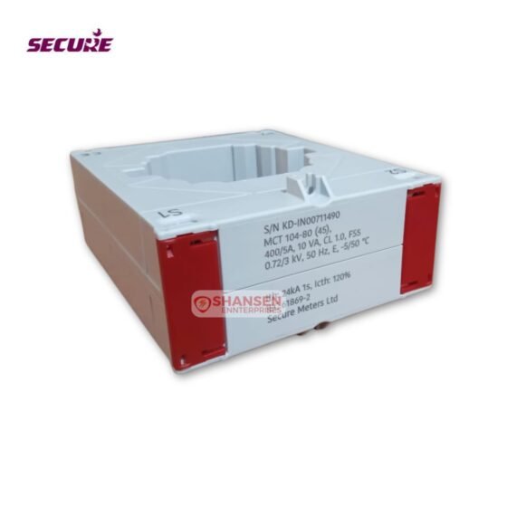 Side view of SECURE 104‑80(45) 400/5A 10VA Class 1 current transformer with serial number IN00711490, distributed by Shansen Enterprises
