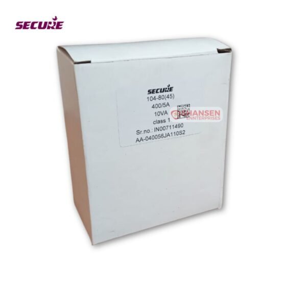 Close-up of SECURE 104‑80(45) 400/5A CT product box label with serial IN00711490 and part number AA‑040056JA110S2