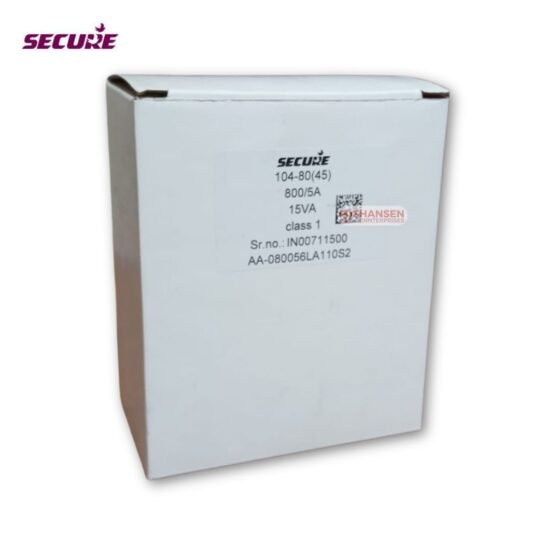 Product label of Secure Meters MCT 104‑80(45) current transformer box showing 800/5A rating, 15VA burden, Class 1 accuracy, and serial number