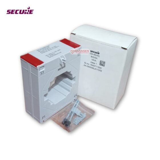 Secure Meters MCT 104‑80(45) current transformer with original box, terminal accessories, and label showing 800A/5A Class 1 rating