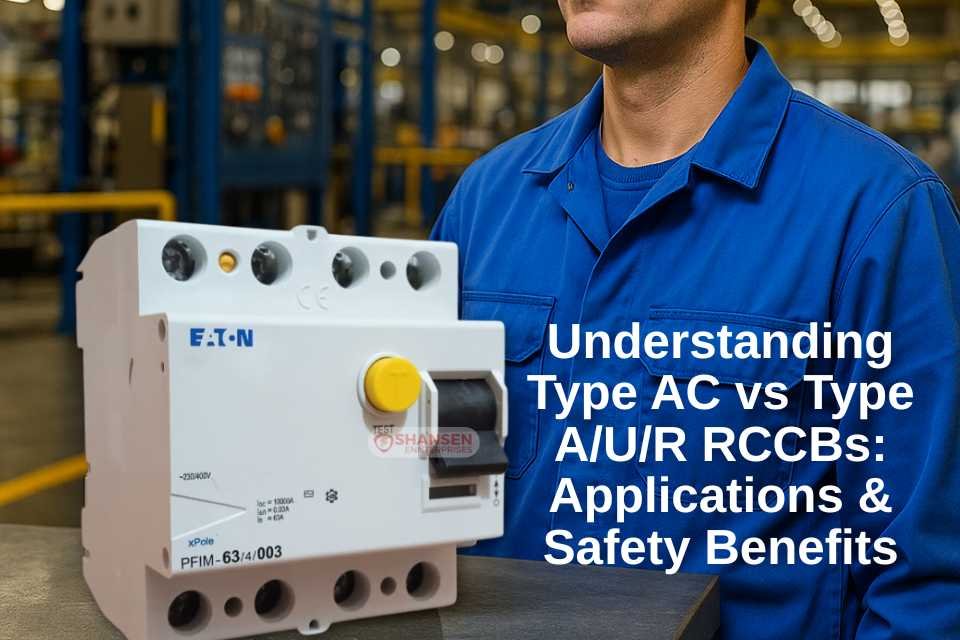 Eaton RCCB with electrical engineer in factory setting – Understanding Type AC vs A/U/R RCCBs, safety benefits, and applications