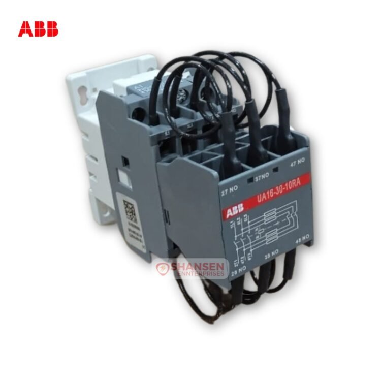 ABB UA16-30-10RA capacitor switching contactor, 3-pole AC-6b with damping resistors; coil 220–230V 50Hz / 230–240V 60Hz, front angled view