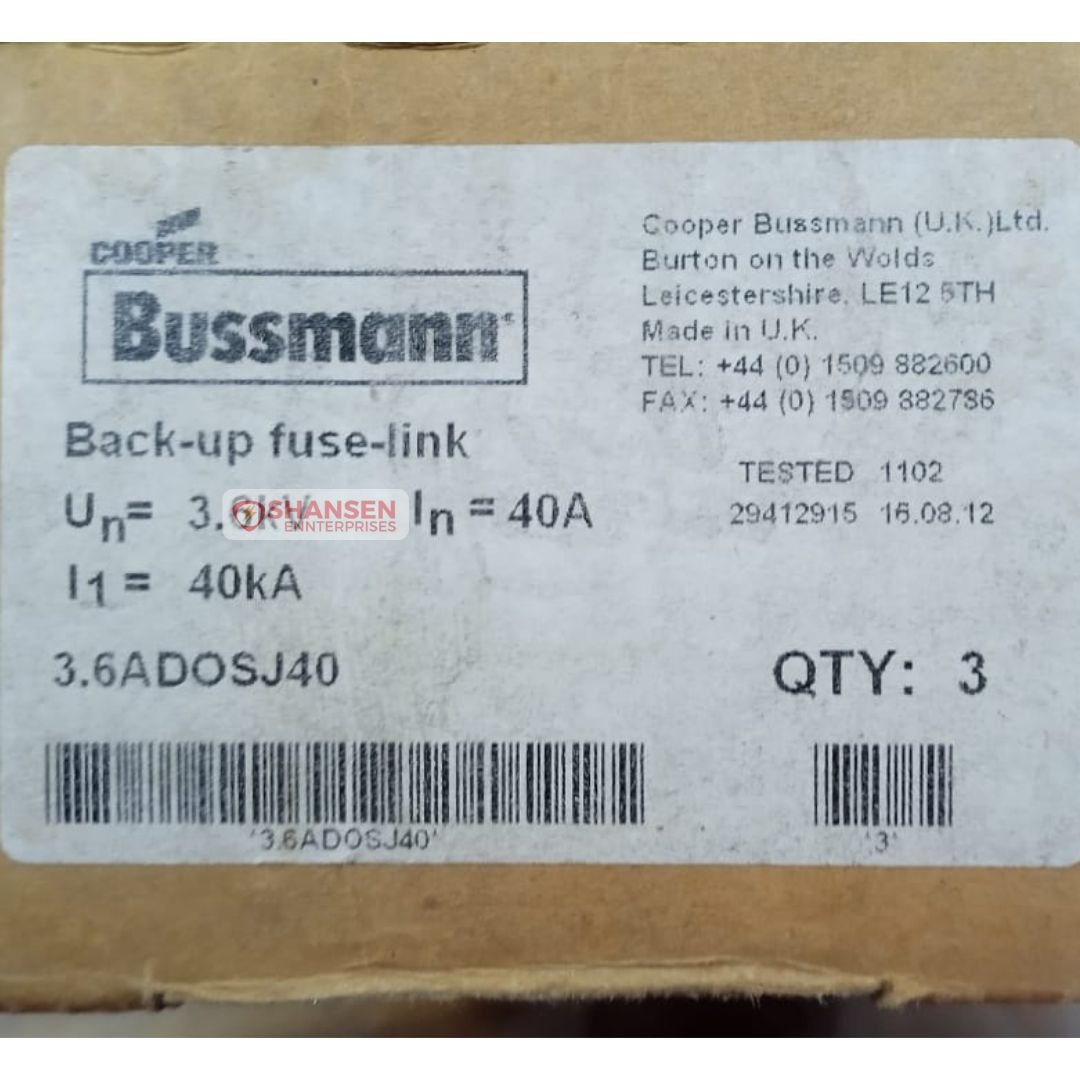 Bussmann Eaton 3.6ADOSJ40 medium voltage fuse link packaging label showing 3.6kV 40A rating and UK manufacturing details