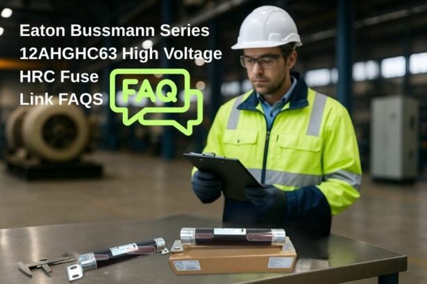Featured image for FAQs: Eaton Bussmann 12AHGHC63/BI high-voltage HRC “air” fuse links on steel table, engineer in hi-vis jacket reviewing clipboard, generator in background—Shansen Enterprises