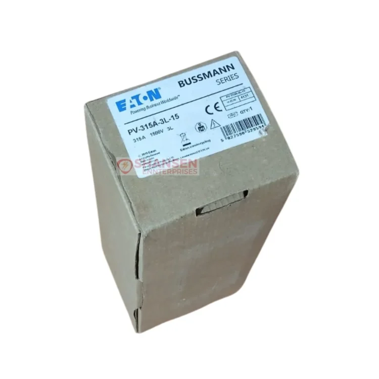 Boxed Eaton Bussmann PV-315A-3L-15 gPV photovoltaic fuse, 315A 1500V DC, 3L—top view showing factory label