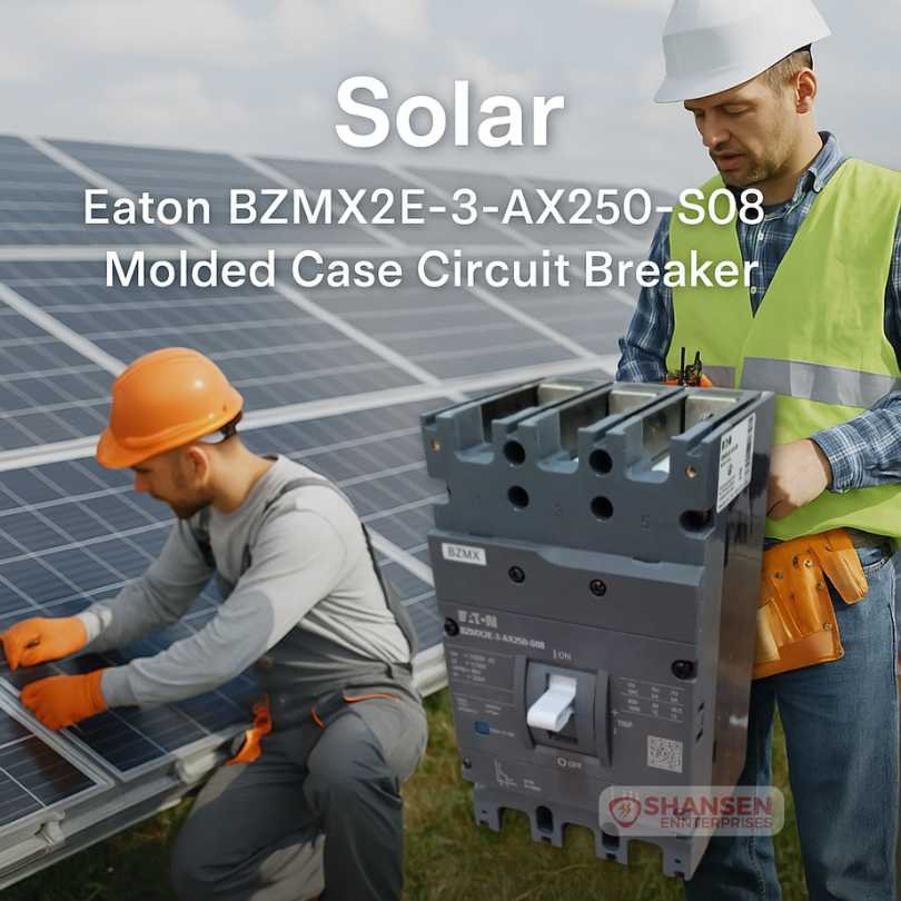 Electricians installing solar panels with Eaton BZMX2E-3-AX250-S08 molded case circuit breaker highlighted in the foreground