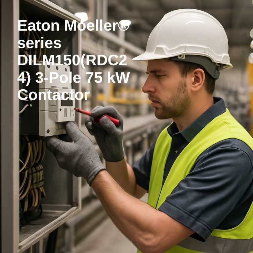 Electrical engineer fixing contactor with conveyor system in manufacturing factory