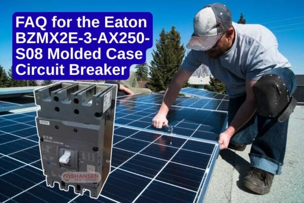 Technician installing solar panels with Eaton BZMX2E-3-AX250-S08 Molded Case Circuit Breaker displayed in foreground