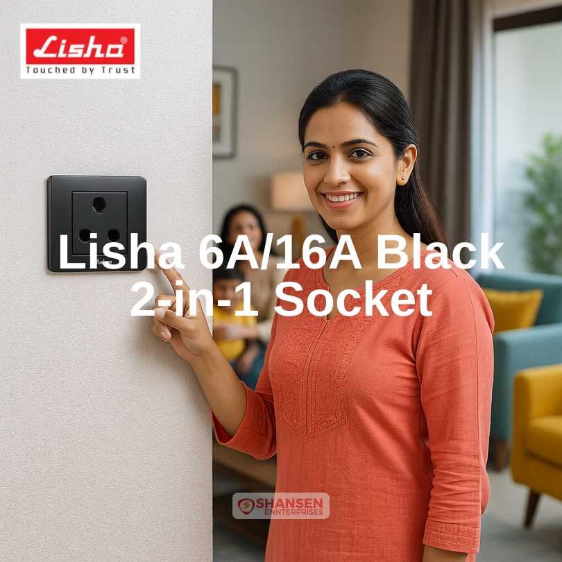 Indian woman smiling and pointing to a black 2-in-1 electrical socket in a modern living room with family in the background