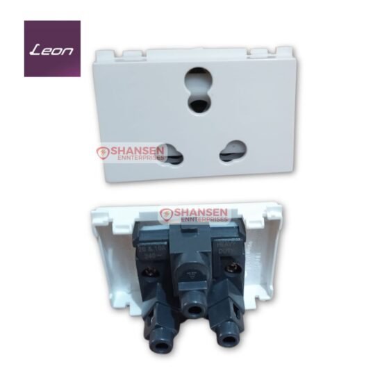 Leon 3 Module Twin Socket SO-203 with glossy white finish and heavy-duty Bakelite base, 20A & 10A, universal socket design