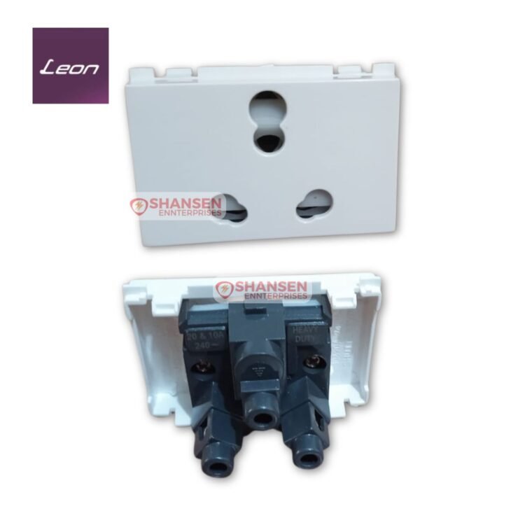 Leon 3 Module Twin Socket SO-203 with glossy white finish and heavy-duty Bakelite base, 20A & 10A, universal socket design