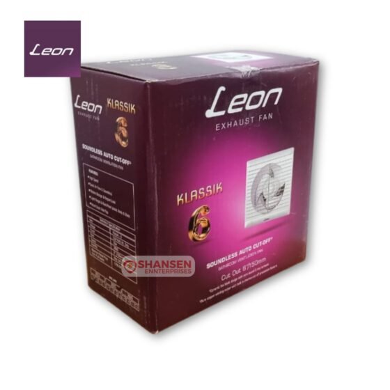 Retail packaging of Leon Klassik 6 inch exhaust fan highlighting product features and specifications, available via Shansen Enterprises