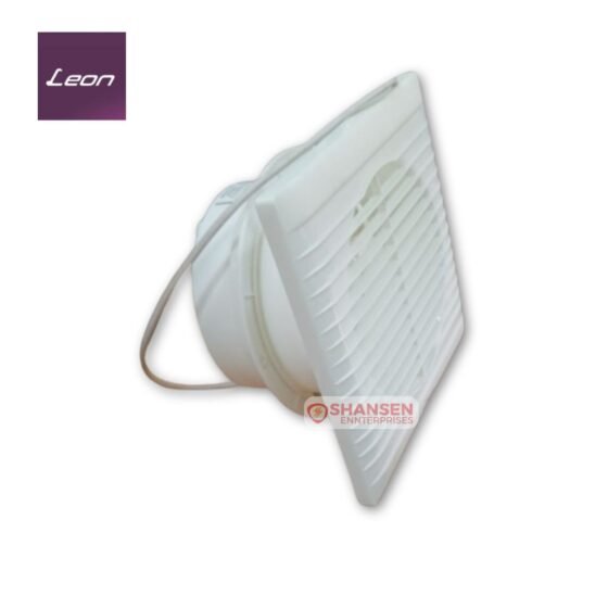Side profile of Leon Klassik 6 inch white exhaust fan with rust-proof plastic body and built-in mounting ring, sold by Shansen Enterprises