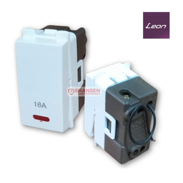 Leon PSW 16A 240V Premium Modular Switch in White – Front and Rear View