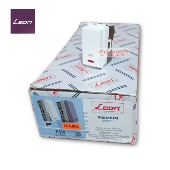 Leon PSW 16A Modular Switch placed on product box – Premium Series Packaging