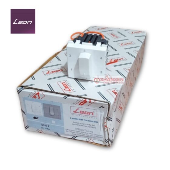 Leon SDM 2 white 2-module step type fan regulator placed on branded packaging box