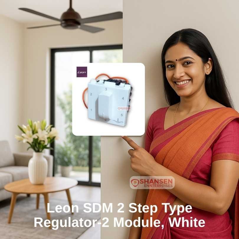 Indian woman in saree pointing at Leon SDM 2 fan regulator in a modern living room setup
