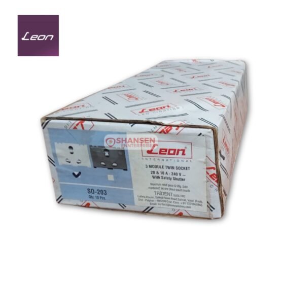 Close-up of Leon SO-203 3 Module Twin Socket box label showing 20A & 10A, 240V rating and safety shutter feature