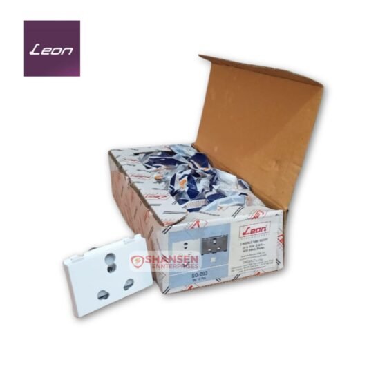 Box packaging of Leon SO-203 3 Module Twin Universal Socket with one unit displayed in front, glossy white finish