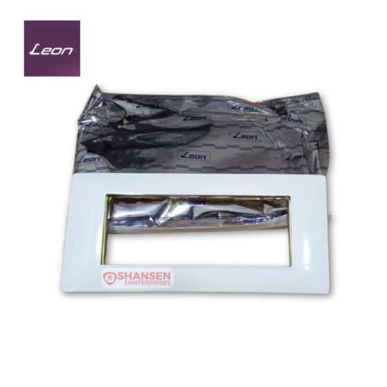 Leon TFR-5 Tuff Frame 5 Module White Cover Plate with glossy white finish, displayed in packaging from Shansen Enterprises