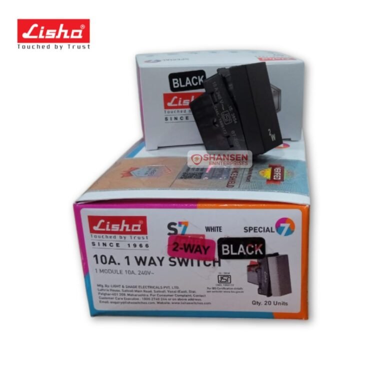 Lisha 10A 2 Way Modular Black Switch with original packaging, available via Shansen Enterprises