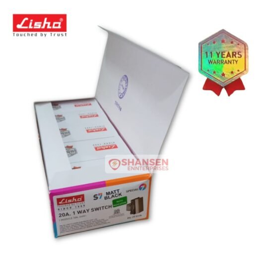 Lisha 20A 1 Way Switch Matt Black with Indicator Special 7 Series packaging box by Shansen Enterprises with 11 years warranty