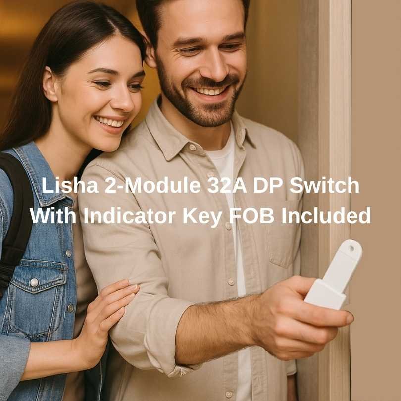 Couple unlocking hotel room using Lisha 32A DP Switch with indicator and key fob remote, available at Shansen Enterprises