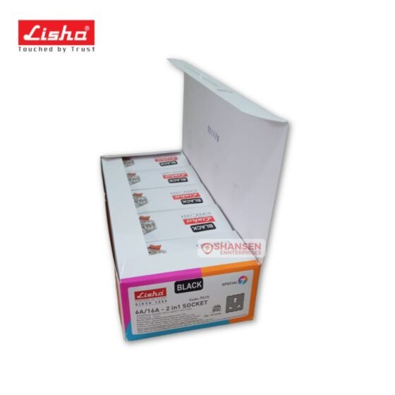 Bulk packaging of Lisha 6A/16A black 2-in-1 sockets, ISI certified, FR polycarbonate with UV stabilization