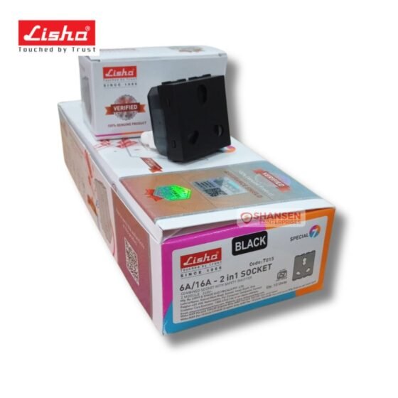Lisha 6A/16A black 2-in-1 socket with retail packaging, ISI certified, FR polycarbonate body with UV stabilization