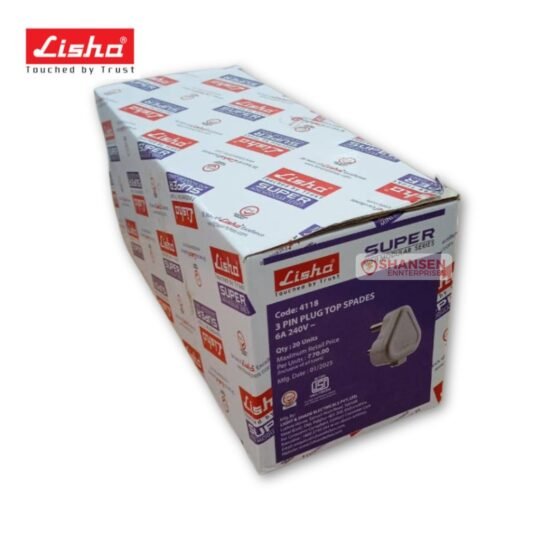 Lisha SUPER Mini Modular Series 3 Pin Plug Top Spades 6A 240V bulk packaging carton with product details and branding