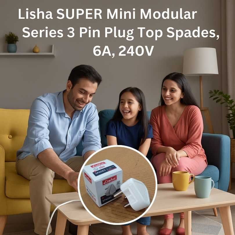 Indian family using Lisha SUPER Mini Modular Series 3 Pin Plug Top, 6A 240V, in a modern living room with product close-up inset