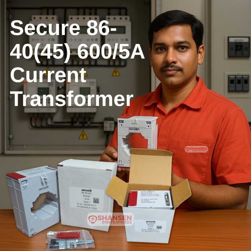 Electrical engineer holding Secure 86-40(45) 600/5A Current Transformer near energy metering panel